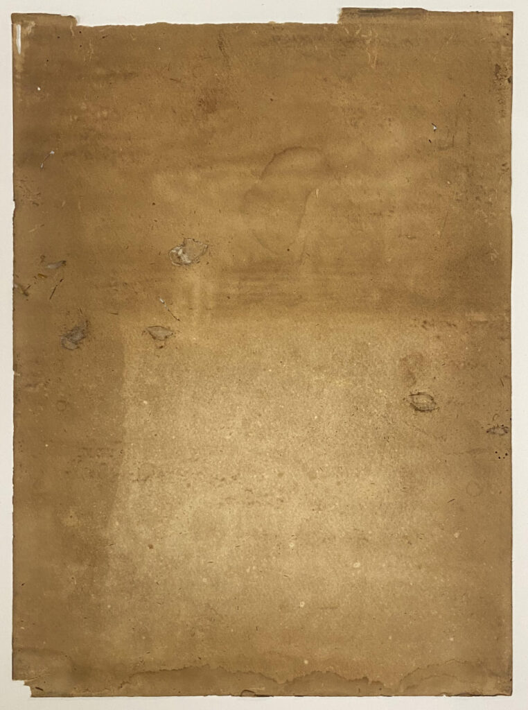 Verso of an unframed antique 19th century lithograph by Nathaniel Currier. The back of the sheet exhibits heavy soiling, water staining, and discoloration from direct contact with the wood panel backboard.